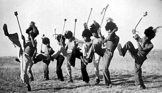 Mohobelo (Striding Dance) (Source photo: African Dances of the Witwatersrand Gold Mines by High Tracey 1952)