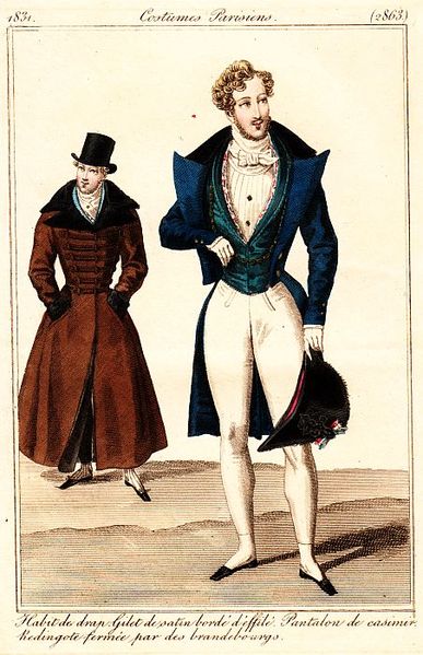 Newest Paris dandy's fashion, 1831. Redingote closed with brandebourgs, top hat. Woollen tailcoat, satin waistcoat with flowery borders, cashmere trousers (and a bicorne).