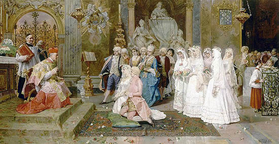 Het huwelijk in de XVIIIe eeuw. Olieverf op doek (1917) door Giulio Rosati.