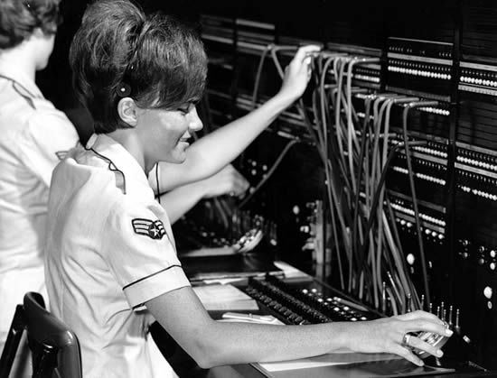 U.S. Air Force Sgt. Suzann K. Harry, of Wildwood, N.J., operates a switchboard in the underground command post at Strategic Air Command headquarters, Offutt Air Force Base, Neb., in 1967. dp