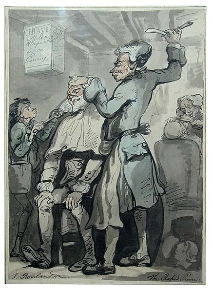 Le Barbier véloce, caricature de Thomas Rowlandson, années 1790.