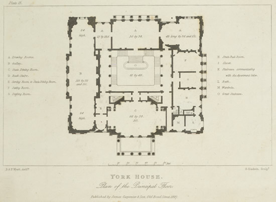 Plan d’un hôtel particulier, 1827. An early plan of the principal floor of York House in Pall Mall, London published in 1827.